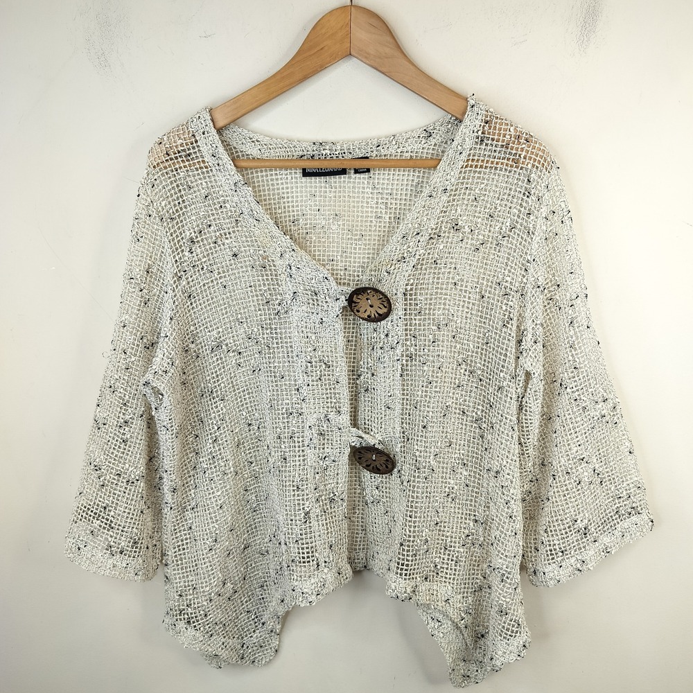Nina Leonard Open Knit Cardigan Top XL Chunky Wood Button Speckled White Black